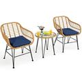 Vicamelia 3PCS Patio Rattan Bistro Set Coffee Table with Armchair for Garden Patio Poolside Navy Cushion