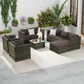 Patio Furniture Set of 6 Outdoor Square Coffee Table with 2 Single Chairs 1 Loveseat & 3-Seater Sofa and 1 Ottoman for Garden Backyard Poolside Dark Gray Cushion