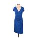 BCBGMAXAZRIA Casual Dress - Party Plunge Short sleeves: Blue Print Dresses - Women's Size Small