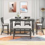 Vintage Style 6-pieces Counter Height Kitchen Dining Table Set, Wooden Table with Bottom Shelf, 4 Upholstered Chairs & Bench