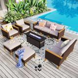 8-Piece Patio Outdoor Wicker Sectional Sofa Furniture Set with Fire Pit Table