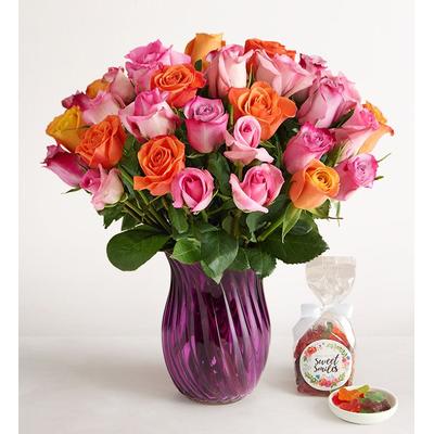 1-800-Flowers Flower Delivery Sorbet Roses 36 Stems W/ Purple Vase & Candy