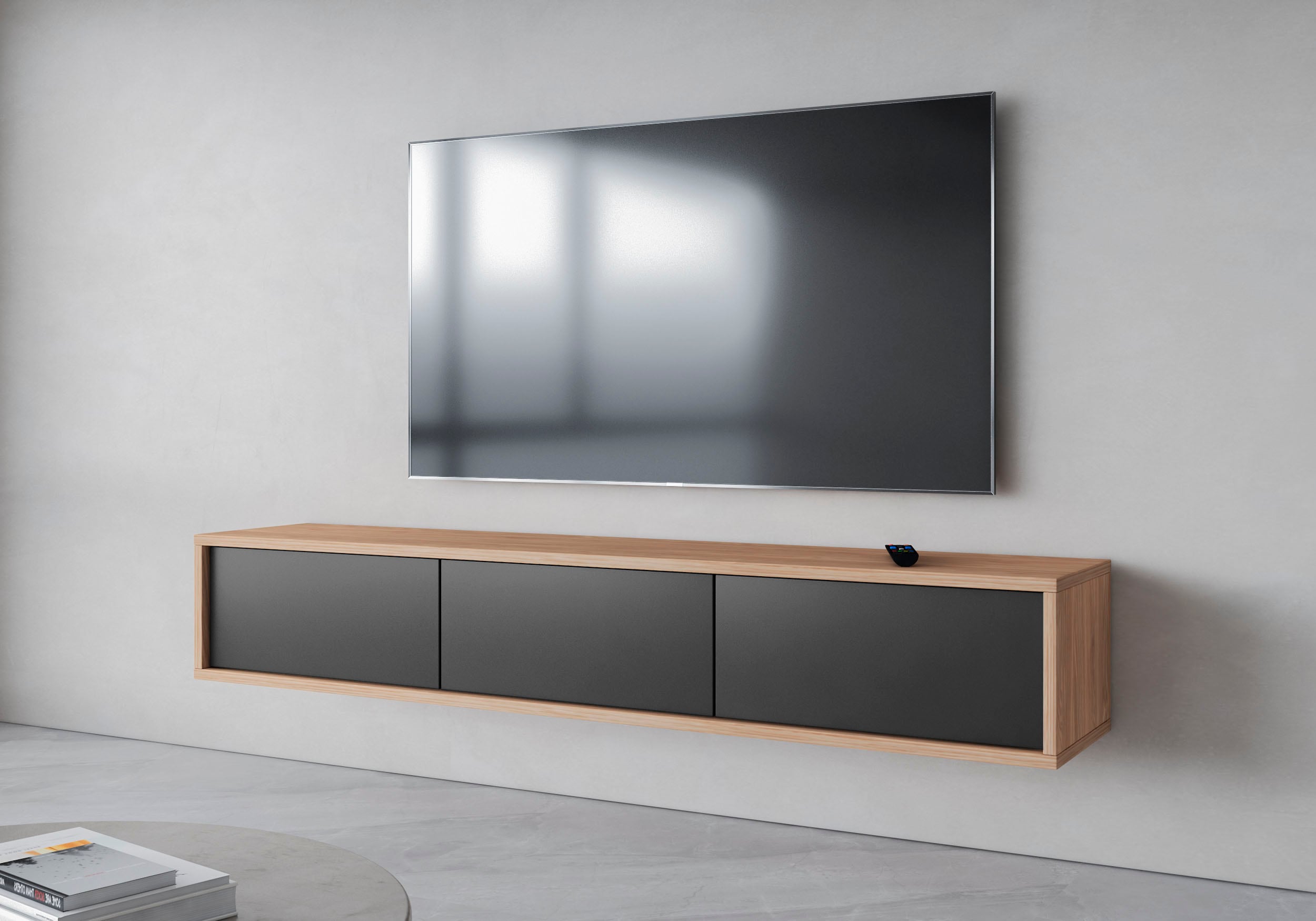 Lowboard INOSIGN "Frida", grau (eiche, anthrazit), B:180cm H:32cm T:36cm, FSC-zertifizierter Holzwerkstoff, Melamin, Sideboards, Lowboard, Hängend oder stehend montierbar