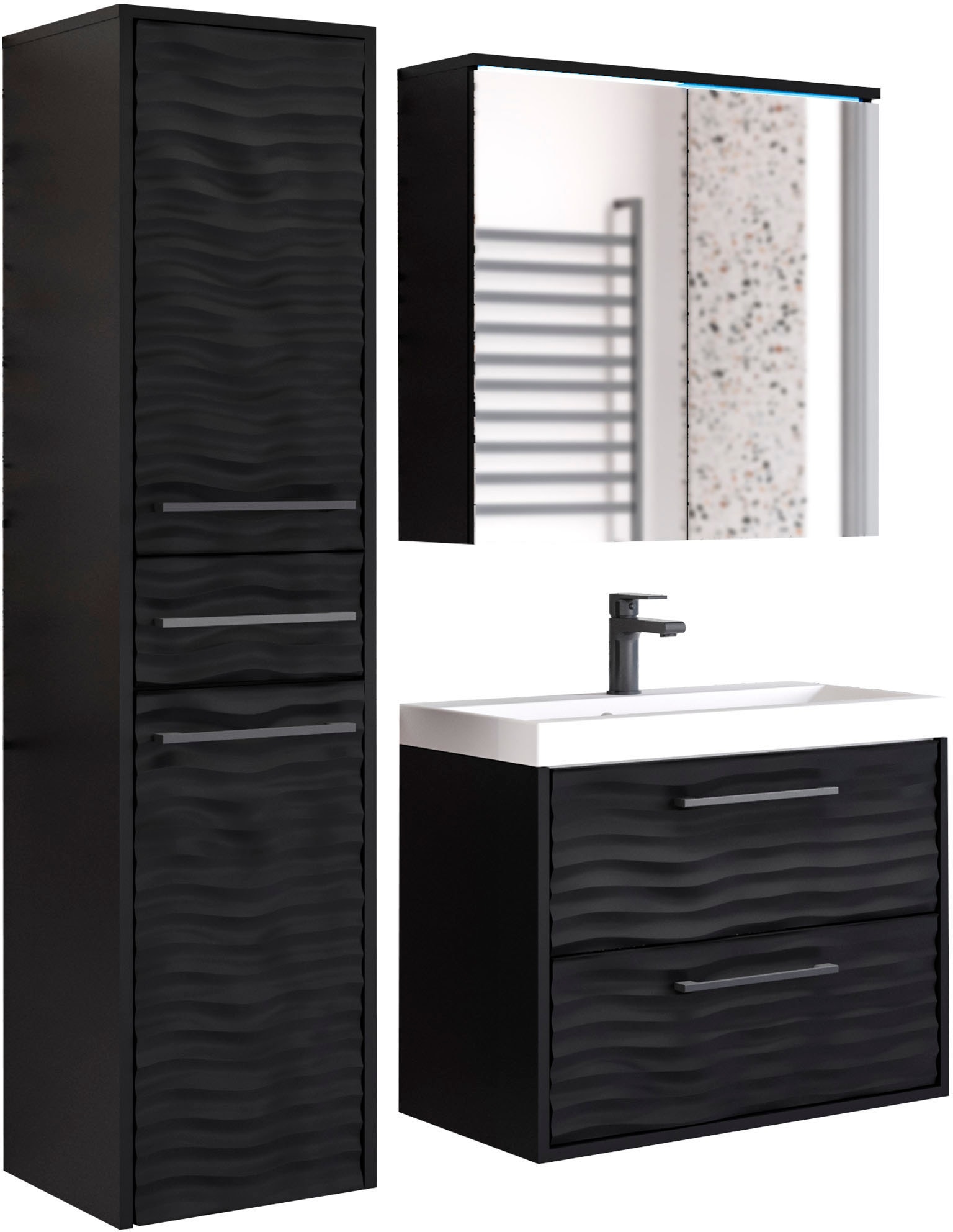 Badmöbel-Set WELLTIME "Canada - Fronten mit Wellenstruktur", schwarz (graphit schwarz matt), B:110cm H:130cm T:35cm, Holzwerkstoff, Kastenmöbel-Sets, Badmöbel mit Soft-Close, Spiegelschrank, Waschtisch mit Becken