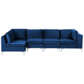 Modulares Ecksofa rechtsseitig Blau Polsterbezug aus Samtstoff 5-Sitzer mit Metallgestell Silber Wohnzimmer Salon Möbel