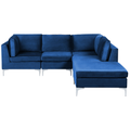 Modulares Ecksofa mit Ottomane linksseitig Blau Polsterbezug aus Samtstoff 4-Sitzer mit Metallgestell Silber Wohnzimmer Salon Möbel