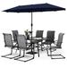 7-Piece/8-Piece Patio Dining Set including 60 x38 Slatted Metal Table with 1.56 Umbrella Hole and 6 Spring Motion Chairs +Navy Umbrella 8-Piece Sets