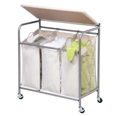 Beige Fabric 3-Section Wheeled Laundry Sorter with Folding Ironing Board - 15.67 x 31.3 x 33.27 (LxWxH)