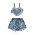 Sunisery 2PCS Newborn Baby Girls Denim Vest Shorts Outfit Summer Sleeveless Heart Camisole Elastic Ripped Denim Shorts Blue 12-18 Months