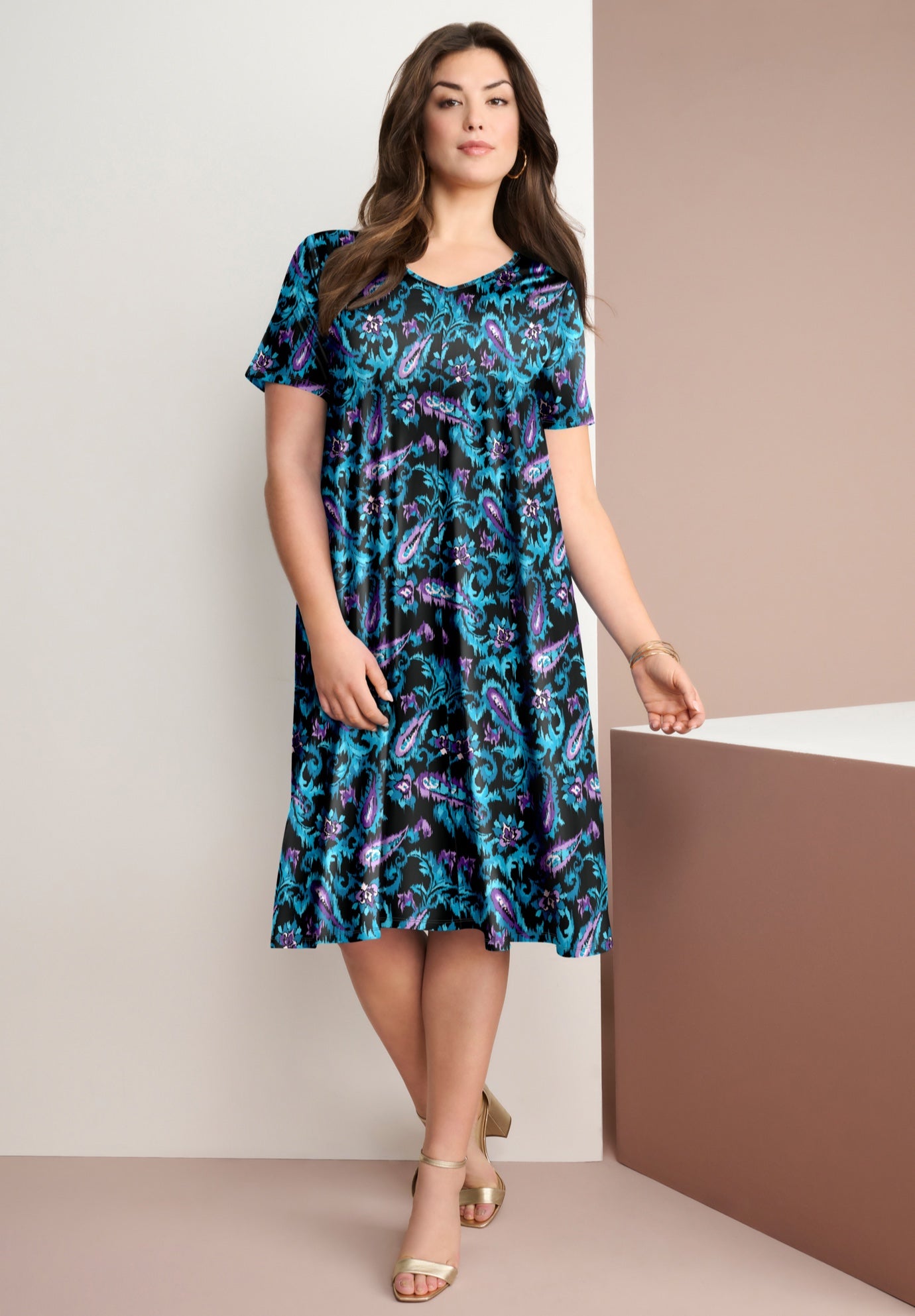 Plus Size Women's Plus Size Short Sleeve Sleeve Swing Dress by Roaman's in Black Ikat Paisley (Size 38/40) Stretch Jersey Short Sleeve V-Neck