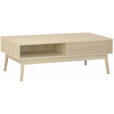 Sweeek - Skandinavischer Couchtisch mit geriffeltem Holzdekor, 2 Nischen, 1 Schublade Image