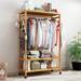 Bamboo Rolling Clothes Rack with Storage Shelves and Hanging Rod - W 30.9" x D 15.75" x H 66.34"