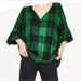 Zara Tops | #0037# Zara Green Black Plaid Slouchy Blouse Short Bell Sleeve Henley Size S | Color: Black/Green | Size: S