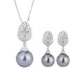 OBCPD 12-14mm Black Pearl Pendant Necklace Earrings for Women Full High Carbon Diamond Anniversary Wedding Jewelry Sets