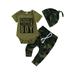 Musuos Baby Boy 3Pcs Spring Outfits Short Sleeve Letter Romper + Pants + Top Knot Hat Set