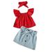 ZIZOCWA Summer Little Girl Casual Skirt Set Children S Clothes Summer Girls Printed Vest Denim Shorts Suit Tops Floral Suspenders Shorts Headbands Outfits Red Dress With Flying Sleeves Baby Girl Out