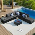 Patio Sofa Set 8-Pieces Outdoor Patio Furniture Sets PE Wicker Rattan Outdoor Conversation Sofa Set with Glass Table Single Sofa Combinable Cushions and Pillows for Lawn Garden Backyard Gray