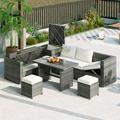 Churanty Patio Rattan Outdoor Sectional Sofa Set Outdoor All Weather PE Wicker Sectional Couch Set with Adjustable Seat Storage Box and Glass Top Table Grey wicker + Beige Cushion