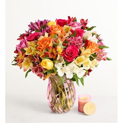 1-800-Flowers Flower Delivery Assorted Roses & Peruvian Lilies Double Bouquet W/ Pink Vase & Candle
