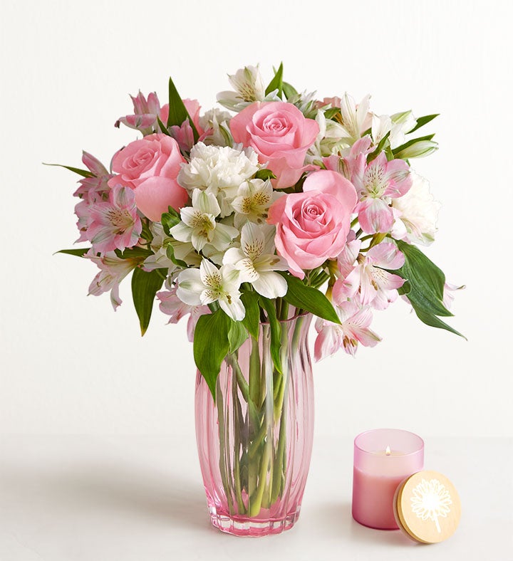1-800-Flowers Flower Delivery Cherished Blooms Bouquet W/ Pink Vase & Candle