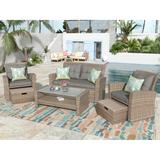 4 Piece All Weather Wicker Sectional Sofa Patio Furniture Set Outdoor Conversation Set with Ottoman and Cushions, Grey