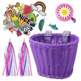 Kids Bike Basket for Girls Front Bike Accessories 14 to 16 inch Wicker Basket Handlebar Bicycle Basket for Girls Bike Bell Streamers Stickers Bike Decoration Accessories Set