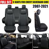 Leather Car Seat Cover Full Set 5 Seats for Chevrolet Chevy Silverado GMC Sierra 1500 2500HD 3500HD 2007-2021 Waterproof Car Seat Covers Set Black