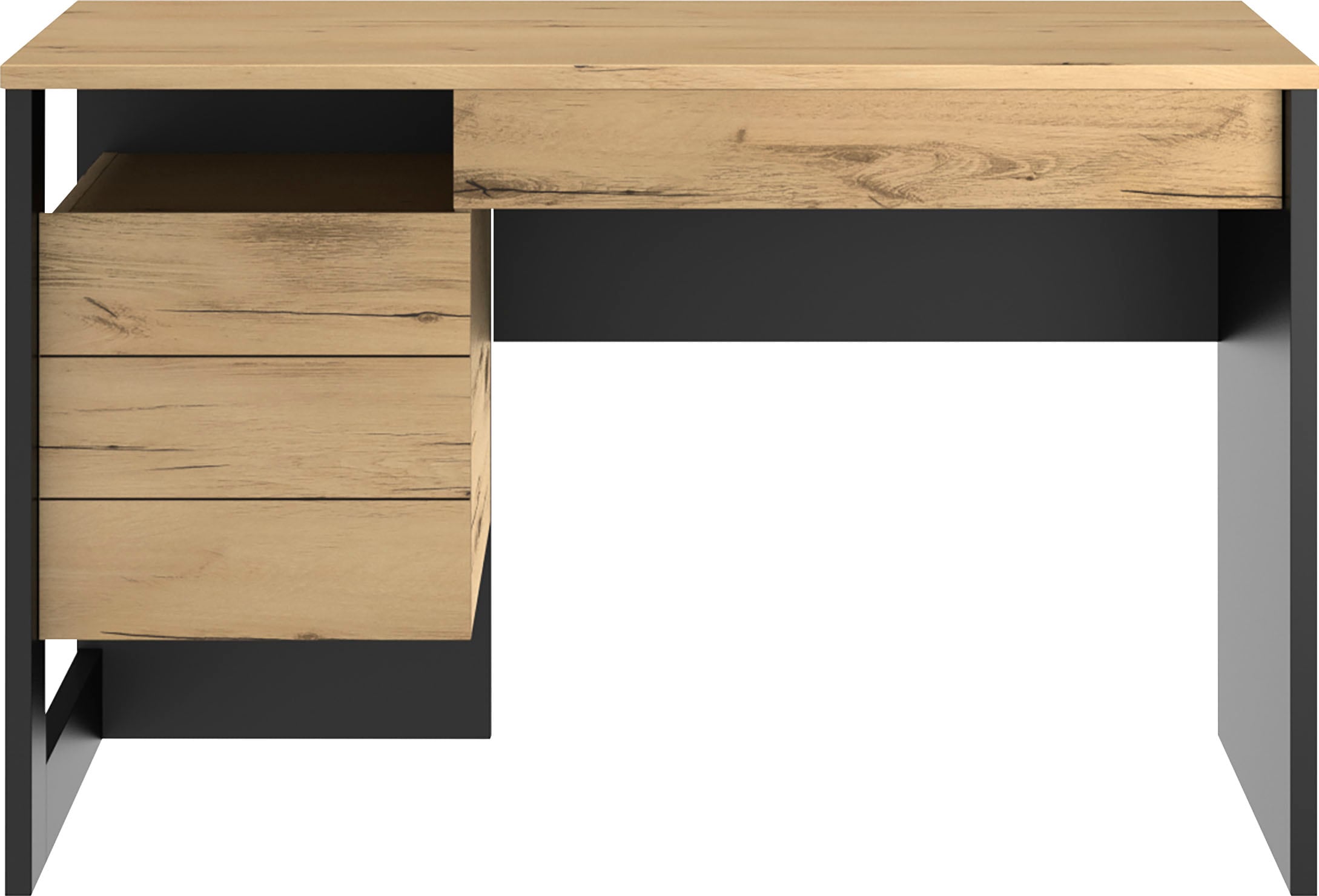 Schreibtisch GAMI "RUSSEL", schwarz (eiche helvezia, schwarz, schwarz, eiche helvezia), B:119cm H:75cm T:54cm, Tische, Schreibtisch, Schreibtisch mit geringen Massen