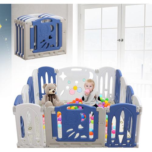 Laufstall Baby Faltbar, Laufgitter mit Tür und Spielzeugboard, 12 Panel Blu+Weiß Baby