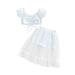 Thaisu Toddler Little Girls Off Shoulder Ruffles T Shirts Polka Dot Mesh Shorts Skirts 2-7 Years