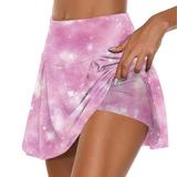 Womens Flowy Athletic Shorts 2 in 1 Casual High Waist Gym Yoga Shorts Tie-Dye/Stars/Polka Dot Print Tennis Skirts Pleated Skirt Shorts(S Pink)