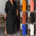 Robe longue fendue à manches longues et col en V pour femmes grande taille taille élastique robe