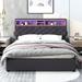 Queen Upholstered Platform Bed with Storage Headboard, LED, USB Charging and 2 Drawers, Dark Grey