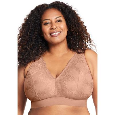 Plus Size Women's Full Figure Plus Size Bramour Lexington Lace Plunge Bralette Wirefree #7013 Bra by Glamorise in Cappuccino (Size 38 C)