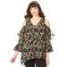 Plus Size Women's Cold Shoulder Georgette Big Shirt by Roaman's in Black Flower Vine (Size 34 W)