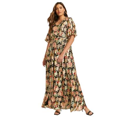 Plus Size Women's Metallic Printed Maxi Dress by June+Vie in Black Textured Wallflower (Size 10/12)