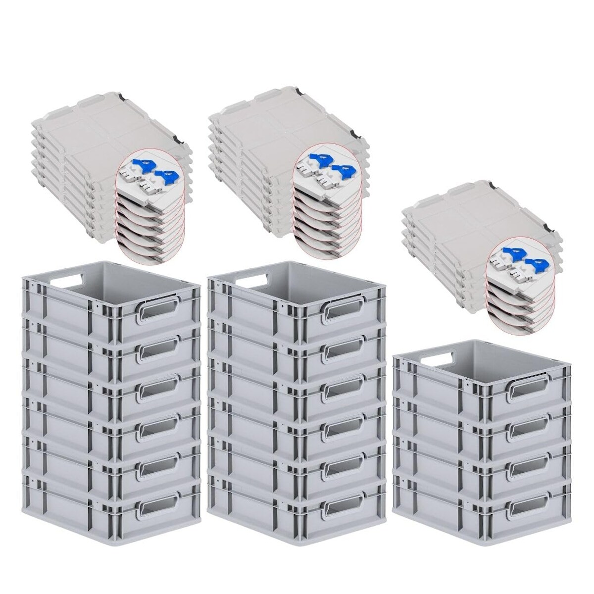 PROREGAL SuperSparSet 16x Eurobox NextGen Economy mit Scharnierdeckel & blauen Verschlüssen, Griffe offen, HxBxT 12x30x40cm, 11L, Eurobehälter, Box Image