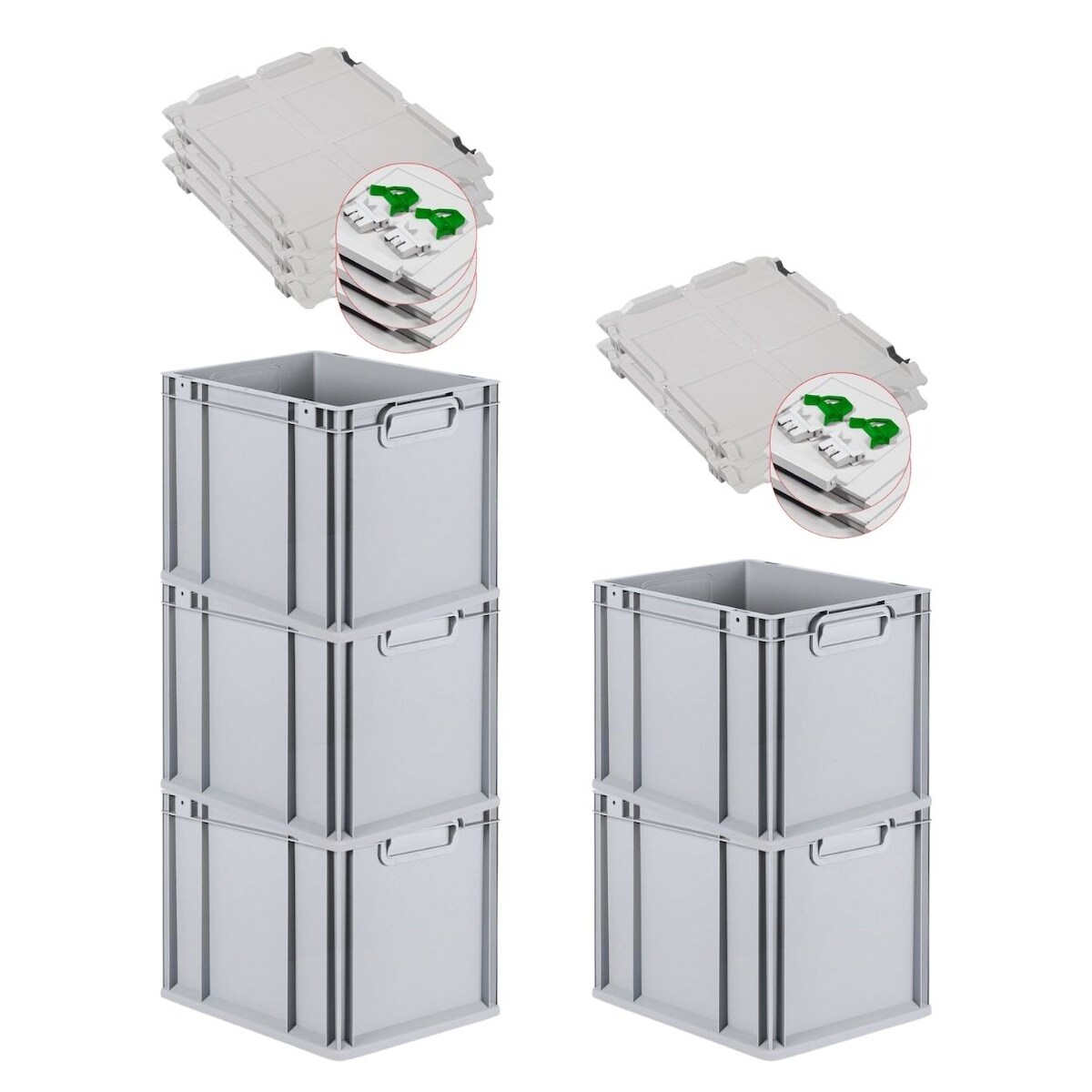 PROREGAL 5x Eurobox NextGen Grip mit Scharnierdeckel & grünen Verschlüssen | HxBxT 32x30x40cm | 30 Liter | Griffe geschlossen | Glatter Boden Image