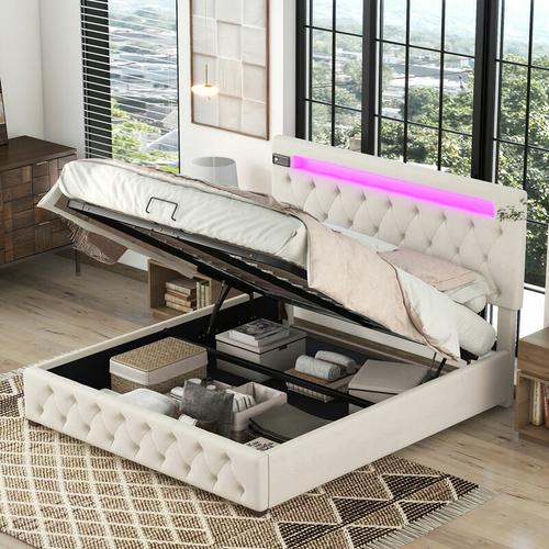 Polsterbett 140x200cm Doppelbett mit USB-Ladefunktion, Bluetooth-Player und LED-Beleuchtung,