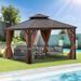 12*12FT Huge Gazebo with Steel Canopy, Retro Outdoor Hardtop Gazebo Canopy for Patio, Garden, Backyard