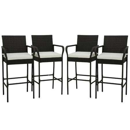 Gymax 4PCS Patio PE Wicker Bar Chairs Counter Height Barstools With Armrests & Cushions