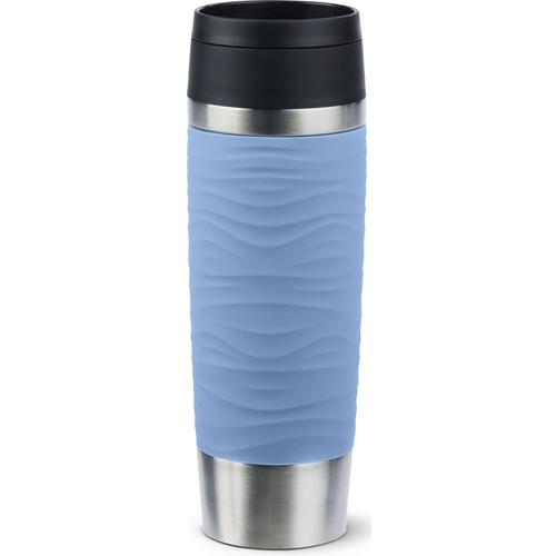 „Thermobecher EMSA „“Travel Mug Classic Wave““ Trinkgefäße Gr. Ø 8 cm x 24,2 cm, 500 ml, blau (pastell, blau) Thermobecher und Coffee to go 4h heiß, 8h kalt, 100% dicht, spülmaschinenfest, 360-Trinköffnung“