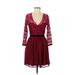 ASOS Casual Dress - A-Line Plunge 3/4 sleeves: Burgundy Print Dresses - Women's Size 6