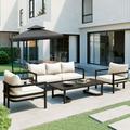 4 Piece Patio Sofa Set Modern Outdoor Metal Patio Furniture Set with Steel Coffee Table Outdoor Patio Conversation Sets Patio Couch with Cushions and Pillows for Garden Balcony Porch Lawn Beige