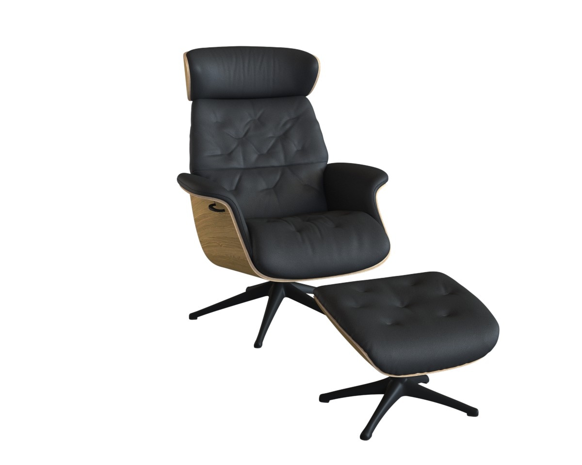 Relaxsessel FLEXLUX "Volden Fernsehsessel, verstellbarer Rücken- & Kopfstütze, drehbar", schwarz (deep schwarz), B:83cm H:112cm T:125cm, 100% Echteder, Sessel, Relaxsessel, Rücken- und Kopfteilverstellung, Drehbar, Fuß Schwarz Armlehne Walnuss