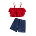 Suanret 2PCS Kids Girls Jeans Shorts Set Layered Camisole Embroidery Watermelon Denim Shorts Summer Outfits Red 4-5 Years