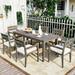 7PCS Outdoor Dining Table and Chairs Wooden Furniture Set with Rectangular Wood Table Top and Comfortable Cushions Garden Dining Set for Patio Balcony Or Backyard