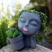 ODYSITE Head Flower Pot Face Planter - Double Flower Pots in One for Indoor Outdoor Plants Resin Head Planter with Drainage Hole Cute Lady Face Plant Pots Grey