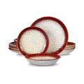 Bungalow Rose 12-piece Ceramic Dinnerware Sets w/ Dinner Plate, Dessert Plate & Pasta Bowl, Chrysanthemum Embossed, Service For 4 in Red | Wayfair