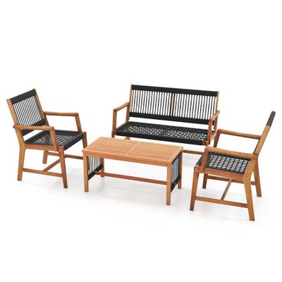 Costway 4 Pieces Acacia Wood Patio Conversation Table and Chair Set with Hand Woven Rope